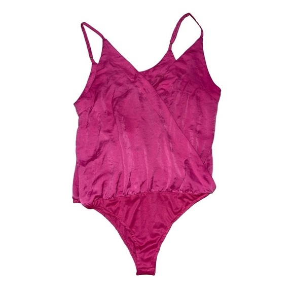 Fashion Nova Tops - Fashion Nova pink polyester wrap snap button bodysuit women’s size large